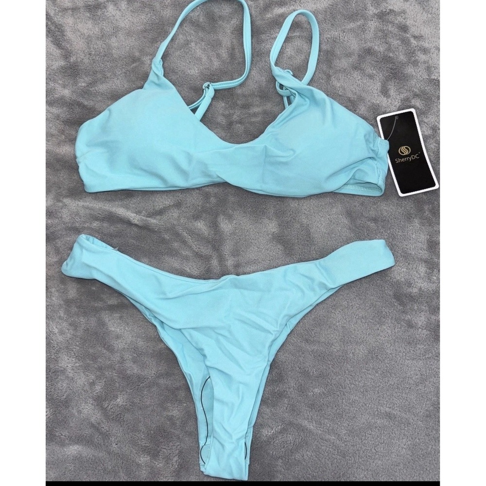 SherryDC Bikini Set Womens Small Light Blue Triangle Top Thong Bottom NWT